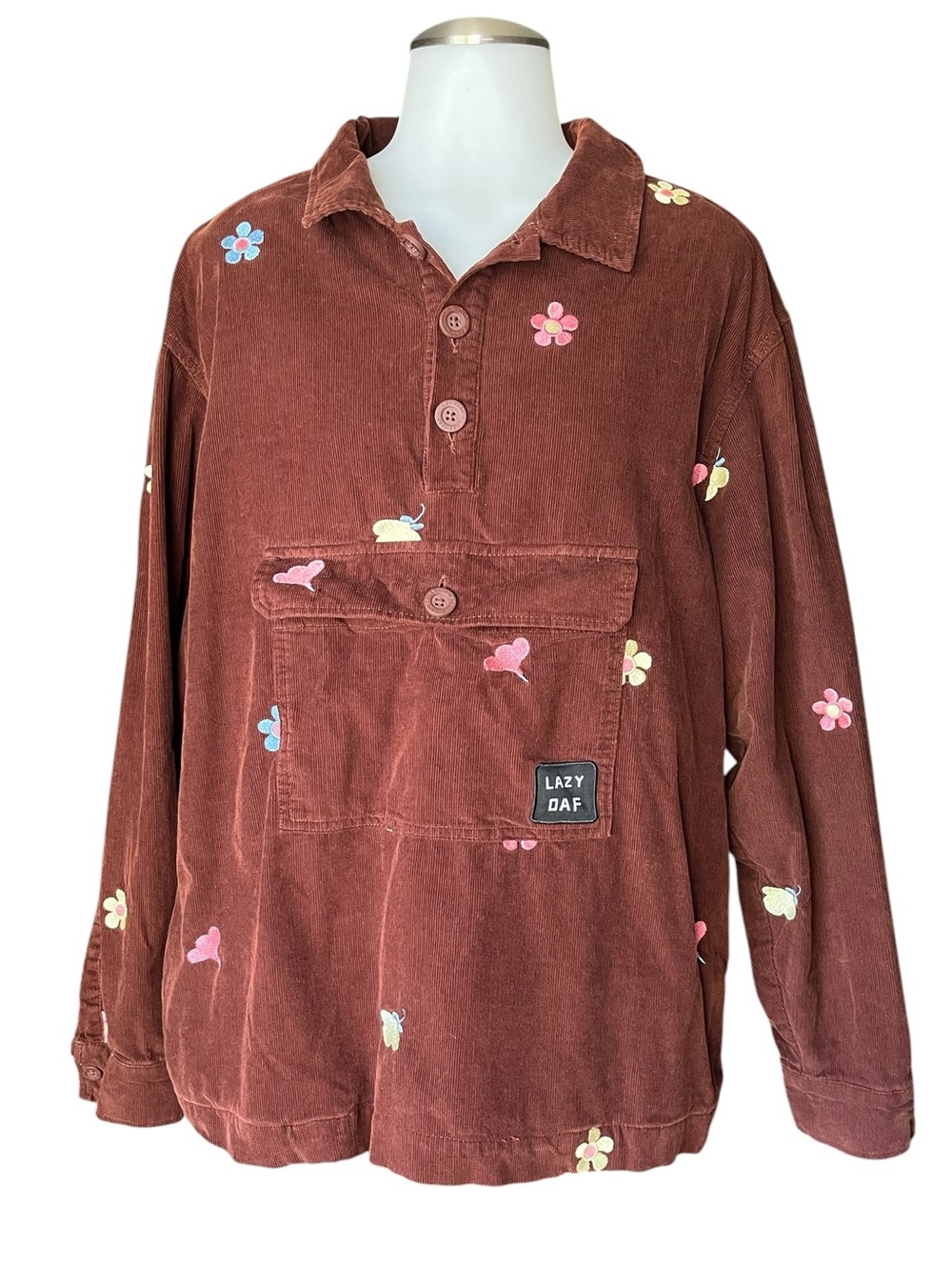 Small Lazy Oaf Chocolate Brown Corduroy Floral Embroidered Vegan Top - Picture 2 of 4